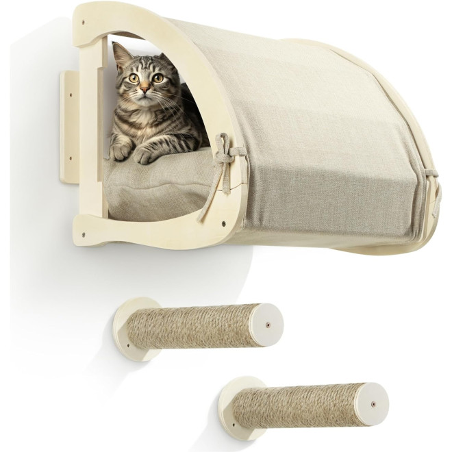 Navaris Wall-Mounted Cat Hideout - Σετ Επιτοίχιο Κρεβάτι / Κρησφύγετο / Αιώρα με Μαξιλάρι για Γάτες με 2 Σκαλοπάτια από Ξύλο Πεύκου & Ύφασμα Λινό - 43 x 39 x 40 cm - Beige