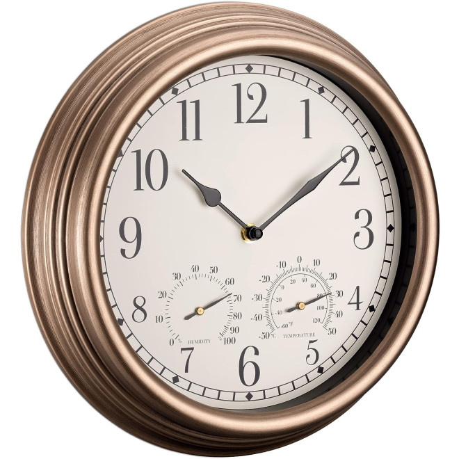 Navaris Waterproof Outdoor Clock - Αθόρυβο Αναλογικό Ρολόι Τοίχου Εσωτερικού & Εξωτερικού Χώρου με Θερμόμετρο και Υγρόμετρο - 30 cm - Copper