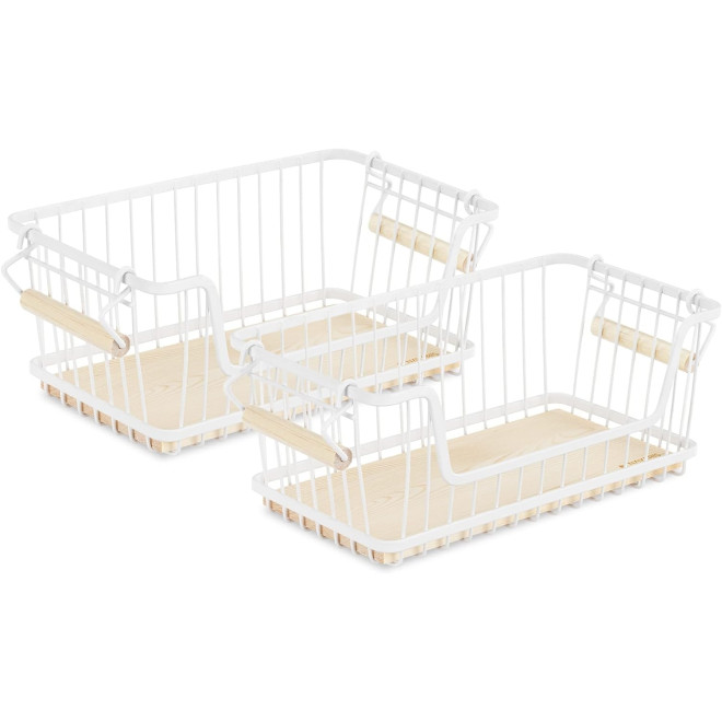 Navaris Wire Storage Stackable Baskets Set of 2 - Σετ με 2 Καλάθια Αποθήκευσης και Οργάνωσης για Κουζίνα / Μπάνιο από Μέταλλο & Ξύλο Πεύκου - 16.5 x 31 x 14 cm - White