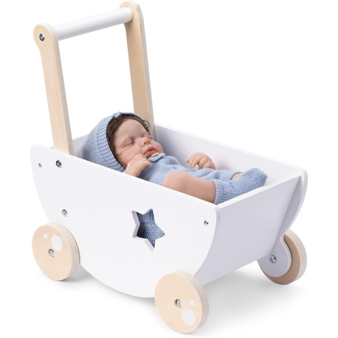 Navaris Wooden Doll Pram - Σετ Παιδικό Ξύλινο Καροτσάκι με Κουβέρτα και Μαξιλάρι για Κούκλες - White