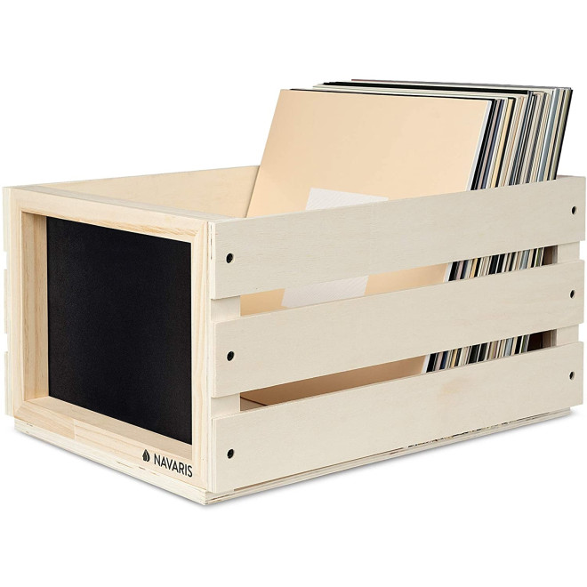 Navaris Wooden Record Box with Chalkboard - Ξύλινο Κουτί Αποθήκευσης με Μαυροπίνακα για Δίσκους Βινυλίου / LP - Light Brown