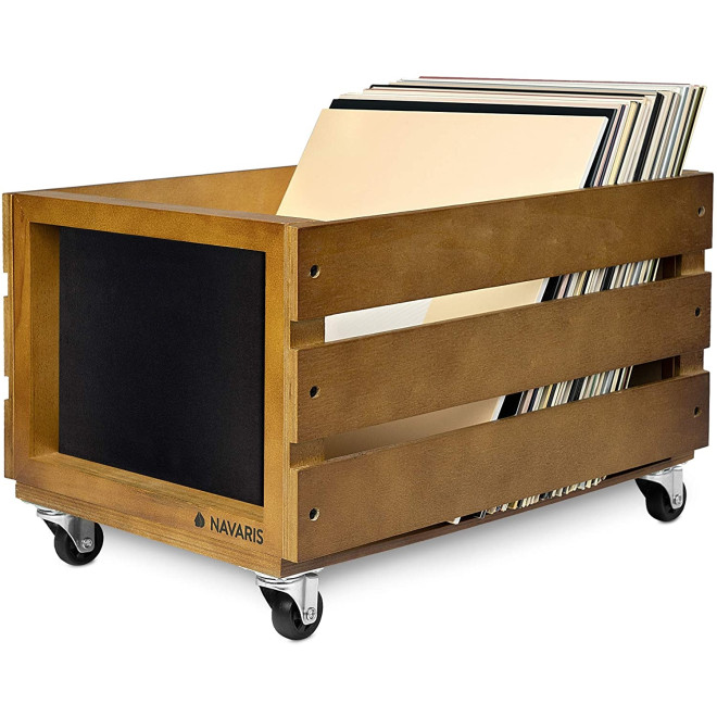 Navaris Wooden Record Box with Chalkboard - Ξύλινο Κουτί Αποθήκευσης με Ροδάκια και Μαυροπίνακα για Δίσκους Βινυλίου / LP - Dark Brown 