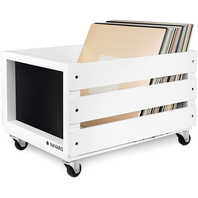 Navaris Wooden Record Box with Chalkboard - Ξύλινο Κουτί Αποθήκευσης με Ροδάκια και Μαυροπίνακα για Δίσκους Βινυλίου / LP - White