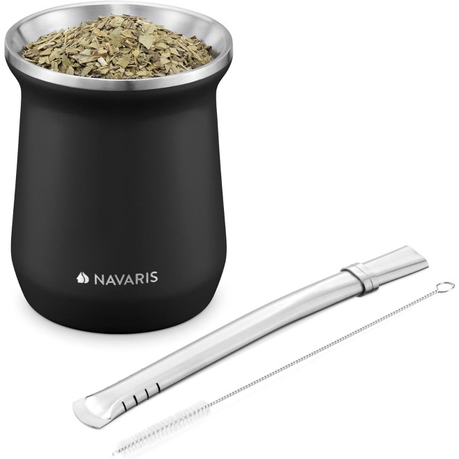 Navaris Yerba Mate Mug Set - Σετ με Κούπα Gourd Cup από Ανοξείδωτο Ατσάλι Διπλού Τοιχώματος / Καλαμάκι Bombilla & Βούρτσα για Τσάι Yerba Mate - 300 ml - Black