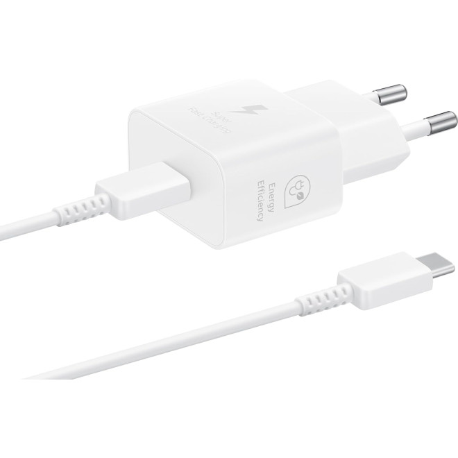Official Samsung T2510 Fast Travel Charger - Ταχυφορτιστής Ταξιδιού / Αντάπτορας με 1 Θύρα x Type-C & Καλώδιο Φόρτισης Type-C σε Type-C - 100cm - 25W - White