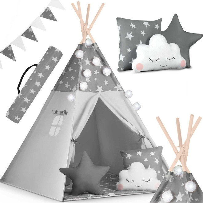Παιδική Σκηνή Teepee Nukido Kids Tipi Tent Ινδιάνικη με 3 x Μαξιλάρια / Γιρλάντα & Φωτάκια Gray / Stars