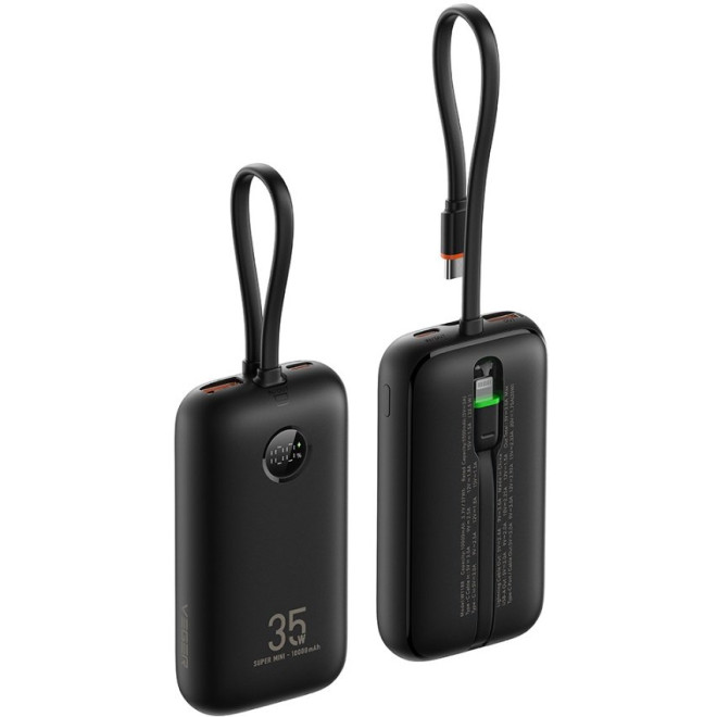 PowerBank Veger K1 με Οθόνη LED & 1 x Θύρα Type-C / 1 x Θύρα USB-A / 1 x Καλώδιο Type-C / 1 x Καλώδιο Lightning 35W 10.000mAh Black