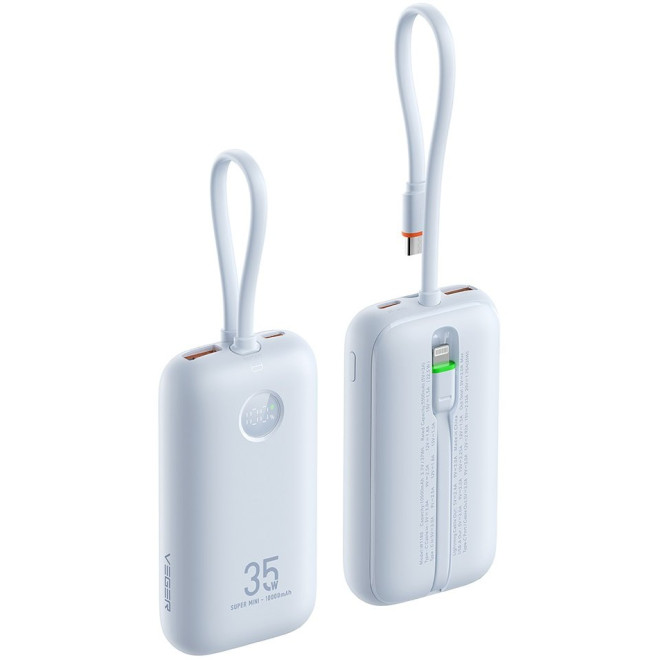 PowerBank Veger K1 με Οθόνη LED & 1 x Θύρα Type-C / 1 x Θύρα USB-A / 1 x Καλώδιο Type-C / 1 x Καλώδιο Lightning 35W 10.000mAh Sky Blue
