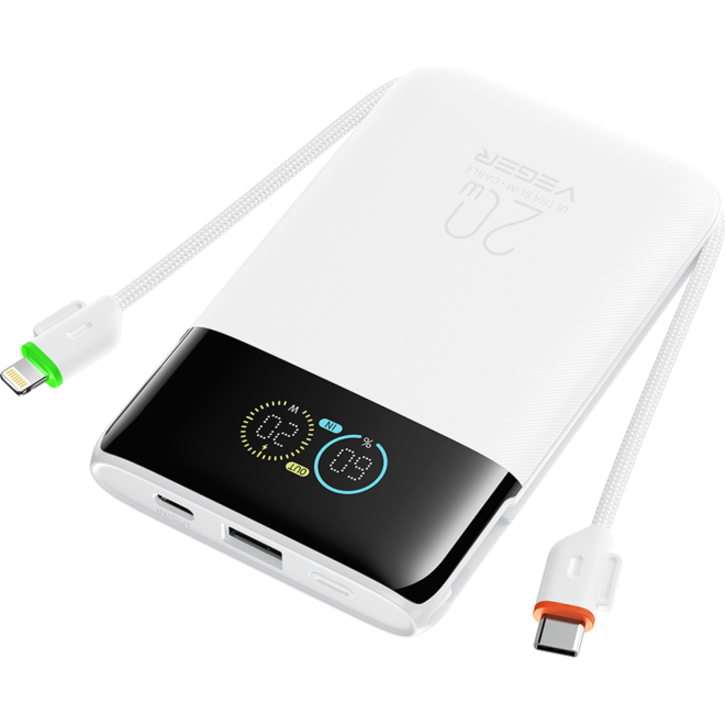 PowerBank Veger W1211A Fuerza 10 με Ψηφιακή Οθόνη & 1 x Θύρα USB-A / 1 x Θύρα Type-C / 1 x Καλώδιο Type-C / 1 x Καλώδιο Lightning 20W 10.000mAh White