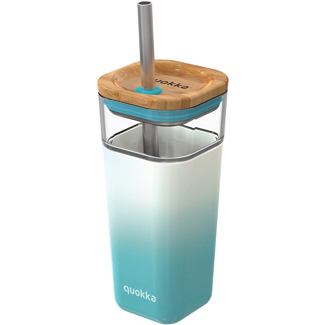Quokka Liquid Cube - Γυάλινο Ποτήρι Νερού με Καπάκι από Μπαμπού και Καλαμάκι από Ανοξείδωτο Ατσάλι - 540ml - Teal Gradient 
