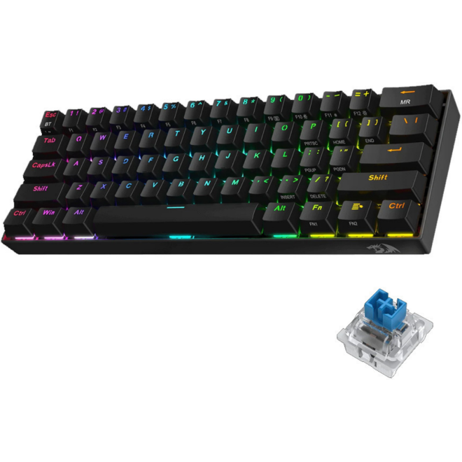 Redragon K530 RGB Dragonic Pro - Ασύρματο / Ενσύρματο RGB Gaming Μηχανικό Πληκτρολόγιο 60% με Custom Blue Διακόπτες - US - Black