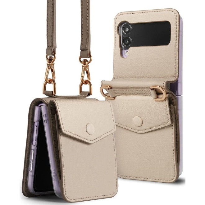 Ringke Folio Signature Card Pocket Δερμάτινη Θήκη - Πορτοφόλι με Λουράκι Λαιμού - Samsung Galaxy Z Flip3 5G - Beige
