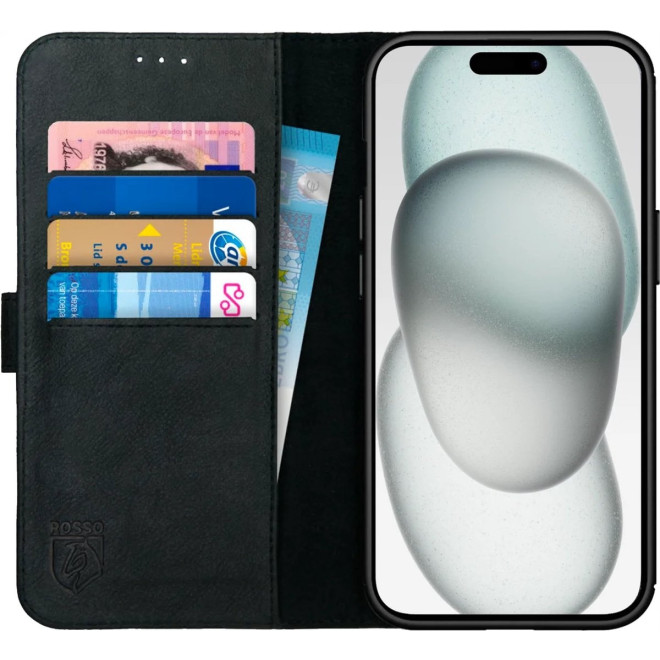 Rosso Deluxe Δερμάτινη Θήκη Πορτοφόλι Apple iPhone 15 Plus - Black