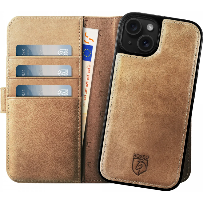 Rosso Elite - MagSafe Δερμάτινη Θήκη / Πορτοφόλι - Apple iPhone 15 Plus - Light Brown