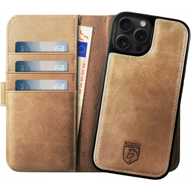 Rosso Elite - MagSafe Δερμάτινη Θήκη / Πορτοφόλι - Apple iPhone 15 Pro Max - Light Brown