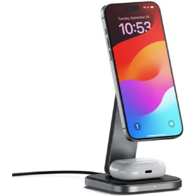 Satechi 2-in-1 Foldable Qi2 Wireless Charging Stand - Μαγνητική Αναδιπλούμενη Βάση Ασύρματης Φόρτισης MagSafe για iPhone 16 / 15 / 14 / 13 / 12 & AirPods από Αλουμίνιο και Vegan Δέρμα - 15W - Space Gray