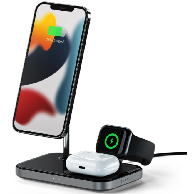 Satechi 3 in 1 Magnetic Wireless Charging Stand - Βάση Ασύρματης Φόρτισης MagSafe για iPhone 15 / 14 / 13 / 12 / Apple Watch / Airpods - 15W