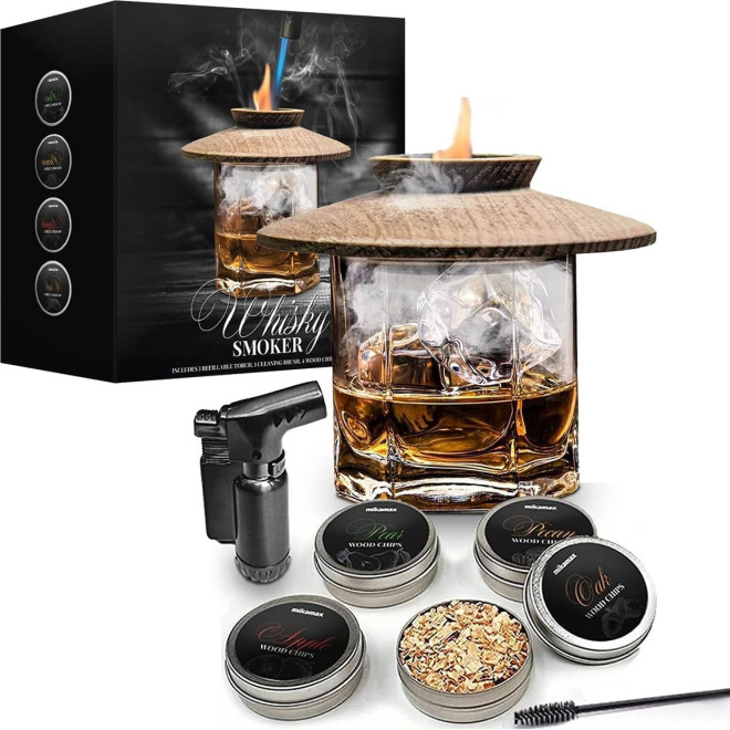 Σετ Καπνίσματος Ουίσκι MikaMax με Καπάκι Οξιάς / Επαναγεμιζόμενο Φλόγιστρο / Ανοξείδωτο Πλέγμα & 4 Αρώματα Ξύλου 