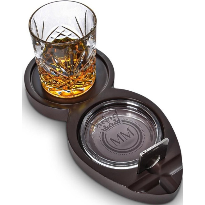Σετ Ουίσκι & Πούρων MikaMax Whiskey & Cigar Tray με 1 x Ξύλινο Δίσκο / 1 x Ποτήρι / 1 x Τασάκι / 1 x Κόφτης Πούρων / 9 x Πέτρες Ουίσκι
