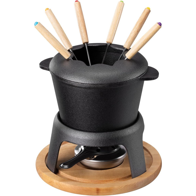 Σκεύος για Φοντύ Navaris 2QT Cast Iron Fondue Saucepan από Μαντέμι με 6 Πιρούνια για Τυρί / Σοκολάτα Black