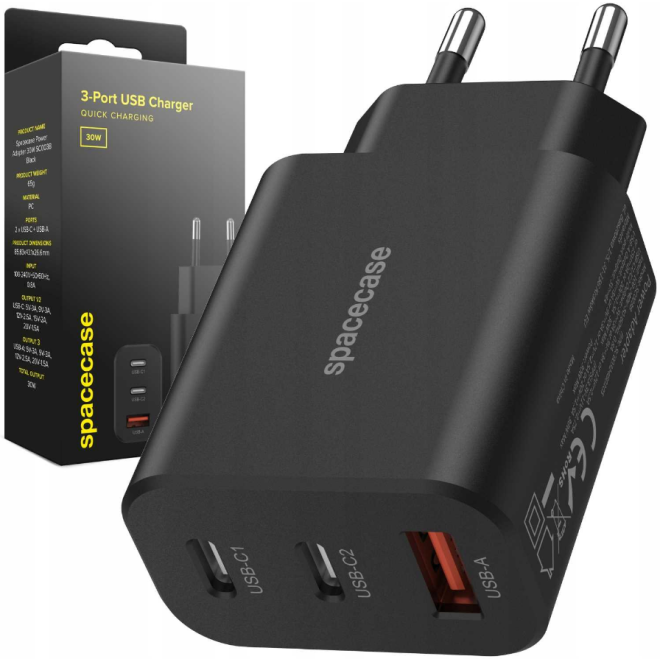 Spacecase SC003B 3-Port Quick USB Charger - Ταχυφορτιστής Ταξιδιού / Αντάπτορας με 1 x USB-A / 2 x Type-C - 30W - Black Spacecase SC003B 3-Port Quick USB Charger - Ταχυφορτιστής Ταξιδιού / Αντάπτορας με 1 x USB-A / 2 x Type-C - 30W - Black