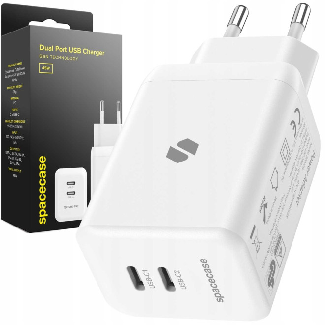 Spacecase SC007W Dual Port USB Charger - Ταχυφορτιστής Ταξιδιού / Αντάπτορας με 2 x Type-C - 45W - White