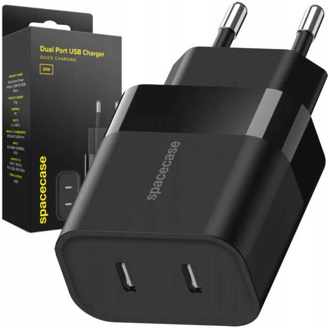 Spacecase SC010B Dual Port Quick USB Charger - Ταχυφορτιστής Ταξιδιού / Αντάπτορας με 2 x Type-C - 20W - Black