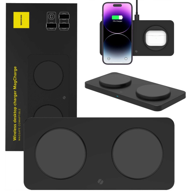 Spacecase WM3B Wireless Desktop Dual Charger MagCharge - Βάση Ασύρματης Φόρτισης MagSafe για iPhone 16 / 15 / 14 / 13 / 12 & AirPods - 15W - Black