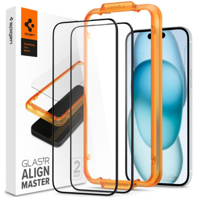 Spigen GLAS.tR ALIGNmaster - Αντιχαρακτικό Fullface Γυάλινο Tempered Glass Apple iPhone 15 - 2 Τεμάχια - Black