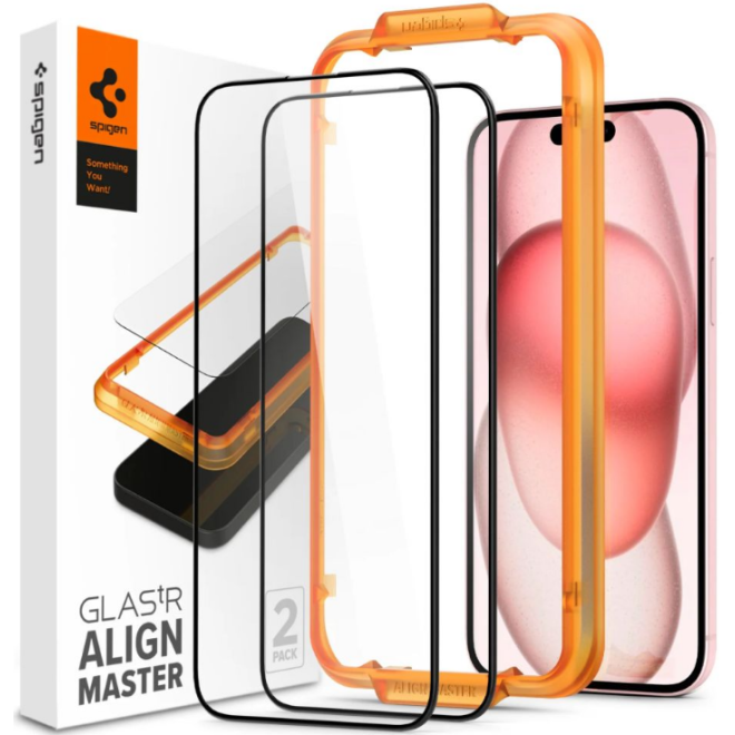 Spigen GLAS.tR ALIGNmaster - Αντιχαρακτικό Fullface Γυάλινο Tempered Glass Apple iPhone 15 Plus - 2 Τεμάχια - Black
