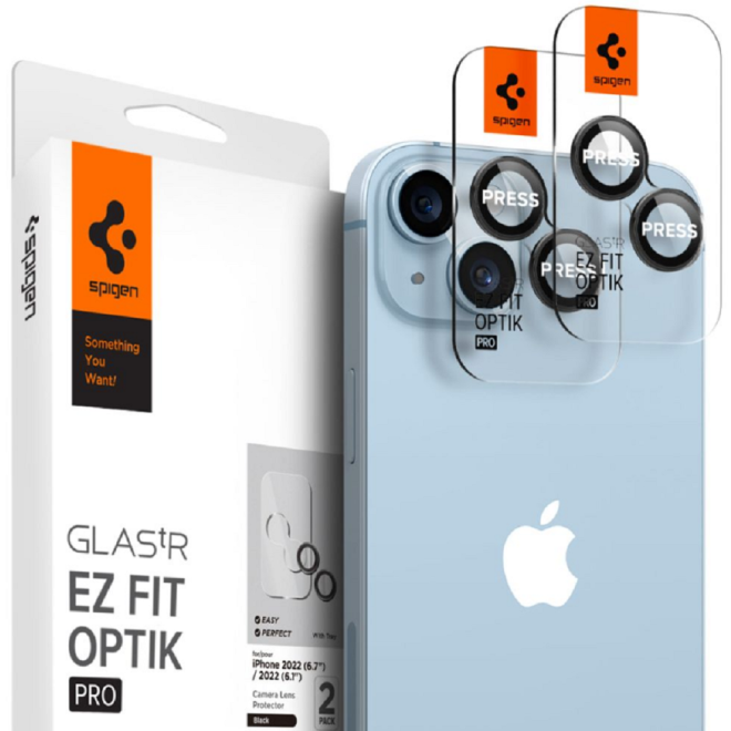 Spigen GLAS.tR EZ Fit OPTIK Pro Camera Lens Protector - Αντιχαρακτικό Προστατευτικό Γυαλί για Φακό Κάμερας Apple iPhone 15 / 15 Plus / 14 / 14 Plus - 2 Τεμάχια - Black