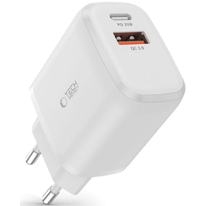 Tech-Protect C20W - Ταχυφορτιστής Ταξιδιού / Αντάπτορας με 1 x USB-A / 1 x Type-C - 20W - White 