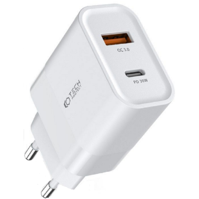 Tech-Protect C30W - Ταχυφορτιστής Ταξιδιού / Αντάπτορας με 1 x USB-A / 1 x Type-C - 30W - White