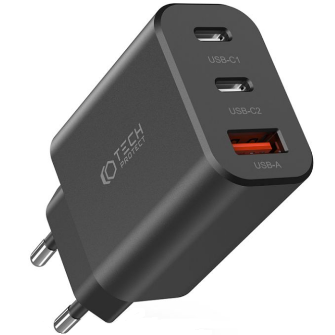 Tech-Protect C30W - Ταχυφορτιστής Ταξιδιού / Αντάπτορας με 1 x USB-A / 2 x Type-C - 30W - Black