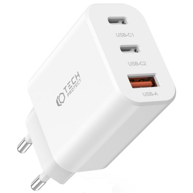 Tech-Protect C30W - Ταχυφορτιστής Ταξιδιού / Αντάπτορας με 1 x USB-A / 2 x Type-C - 30W - White