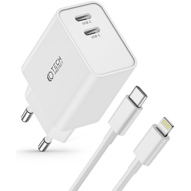 Tech-Protect C35W 2 Port Network - Ταχυφορτιστής Ταξιδιού / Αντάπτορας με 2 x Type-C & Καλώδιο Type-C σε Lightning - 100cm - 35W - White