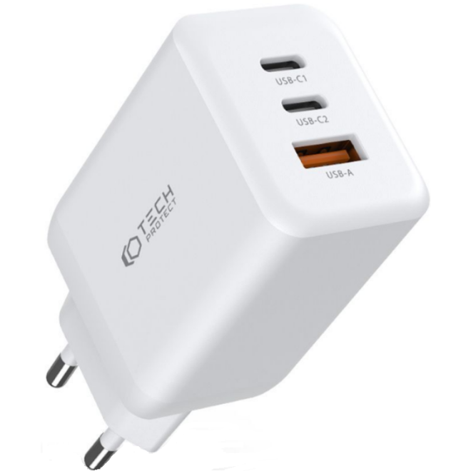 Tech-Protect C65W - Ταχυφορτιστής Ταξιδιού / Αντάπτορας με 1 x USB-A / 2 x Type-C - 65W - White