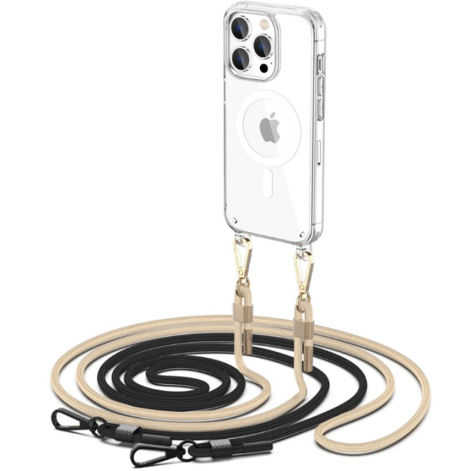 Tech-Protect FlexAir Chain - Σετ Σκληρή Διάφανη Θήκη MagSafe με 2 x Αποσπώμενα Λουράκια Λαιμού - Apple iPhone 15 Pro - Black / Beige