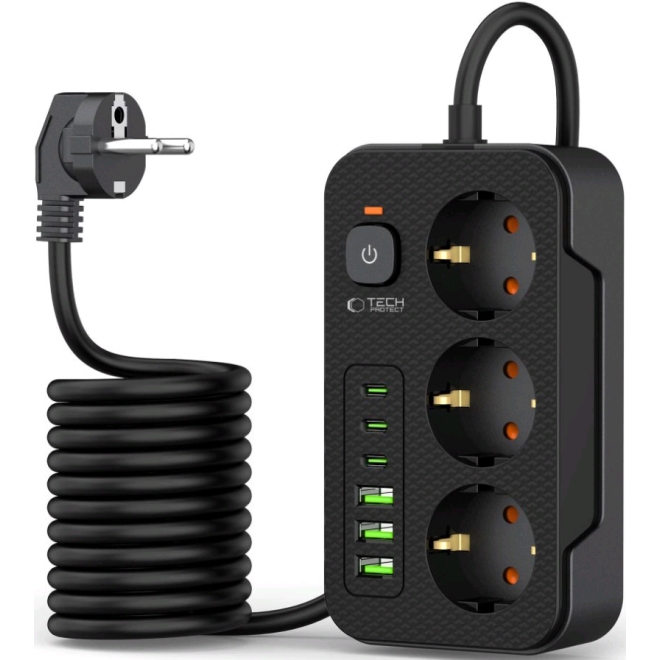 Tech-Protect PC3X6 Multi Plug Power Strip - Πολύπριζο με 3 x Υποδοχές AC 240V με Διακόπτη & Καλώδιο 200cm - 3 x USB-A / 3 x Type-C - 3.1A - Black