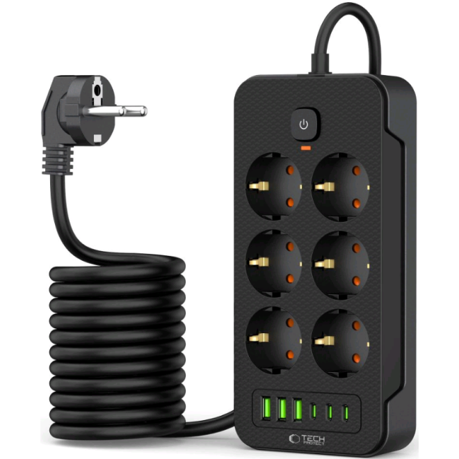 Tech-Protect PC6X6 Multi Plug Power Strip - Πολύπριζο με 6 x Υποδοχές AC 240V με Διακόπτη & Καλώδιο 200cm - 3 x USB-A / 3 x Type-C - 3.1A - Black