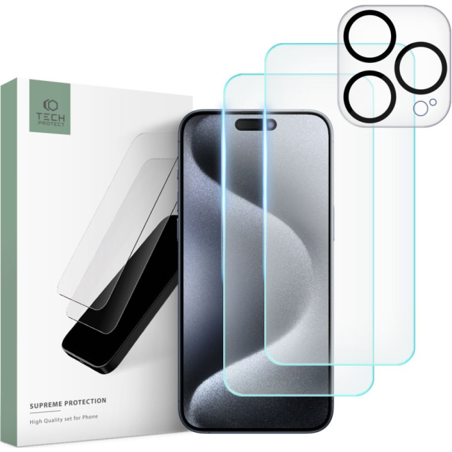 Tech-Protect Supreme Set - Σετ Tempered Glass 2 x Αντιχαρακτικά Προστατευτικά Οθόνης και 1 x Κάμερας - Apple iPhone 15 Pro - Clear