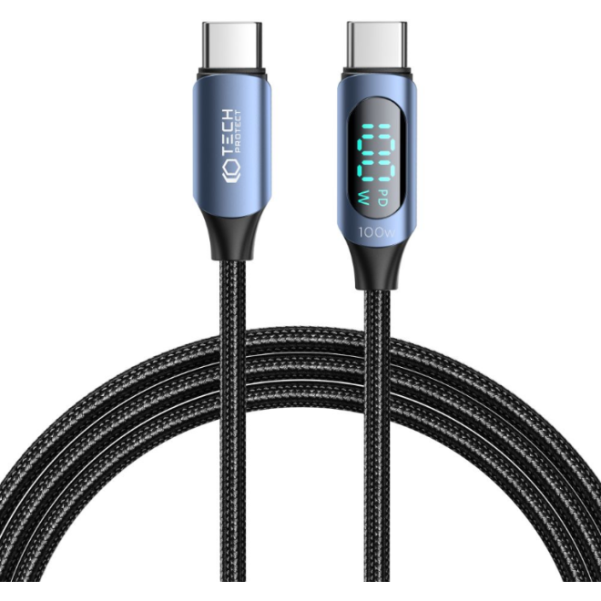 Tech-Protect Ultraboost LED Cable - Καλώδιο Φόρτισης και Μεταφοράς Δεδομένων Type-C σε Type-C με Ψηφιακή Οθόνη LED - 200cm - 100W - 5A - Blue