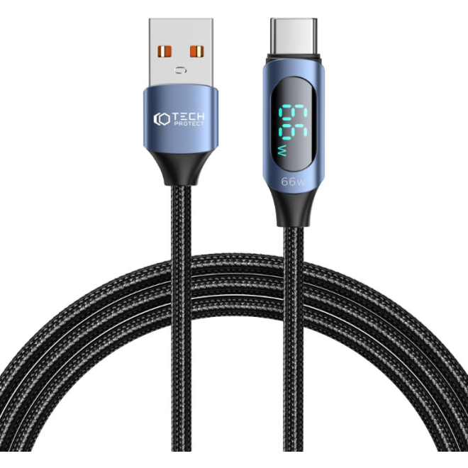 Tech-Protect Ultraboost LED Cable - Καλώδιο Φόρτισης και Μεταφοράς Δεδομένων USB-A σε Type-C με Ψηφιακή Οθόνη LED - 200cm - 66W - 6A - Blue