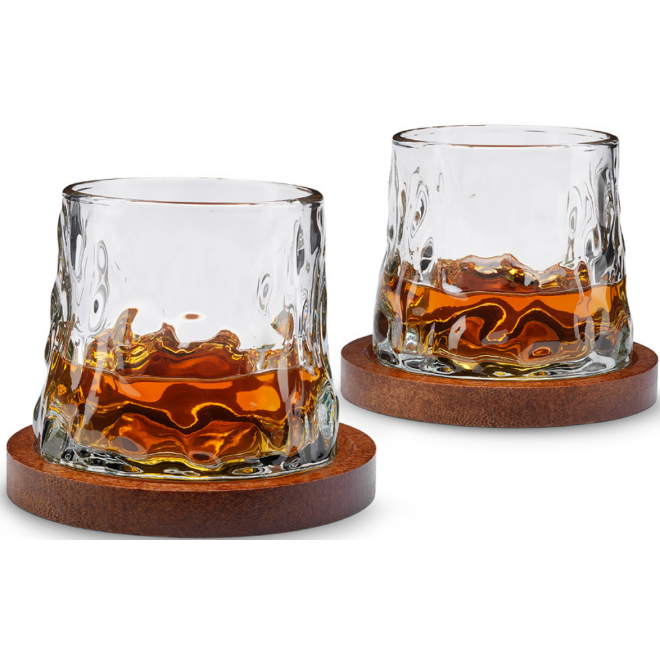 The Source InGenious Rotating Whisky Glasses with Coasters - Σετ με 2 Γυάλινα Περιστρεφόμενα Ποτήρια Ουίσκι με Ξύλινα Σουβέρ