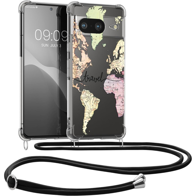 Θήκη Google Pixel 8 - KWmobile Crystal TPU Necklace Διάφανη Σιλικόνης με Λουράκι Λαιμού - Travel / Black / Multicolor / Transparent