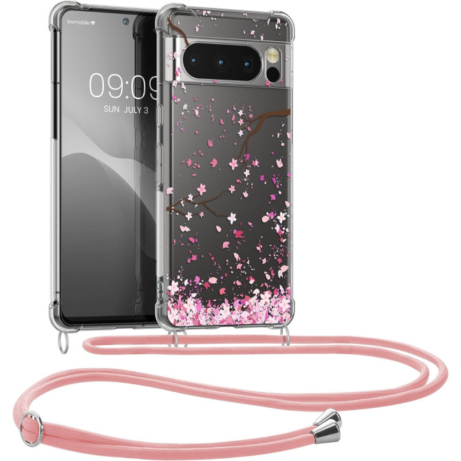 Θήκη Google Pixel 8 Pro - KWmobile Crystal TPU Necklace Διάφανη Σιλικόνης με Λουράκι Λαιμού - Cherry Blossoms / Cherry Petals / Pink / Dark Brown / Transparent
