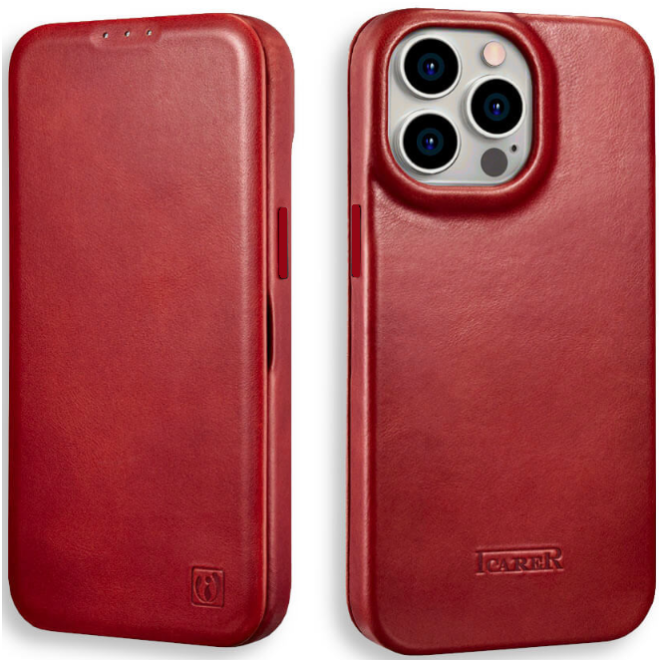 Θήκη iPhone 14 Pro Max iCarer Curved Edge Leather Folio with Magsafe Δερμάτινη Flip με MagSafe Red