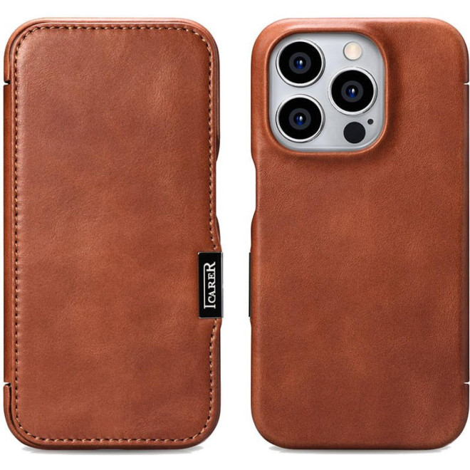 Θήκη iPhone 15 Pro iCarer Vintage Series Side-Open Flip Σκληρή Δερμάτινη με MagSafe Retro Brown