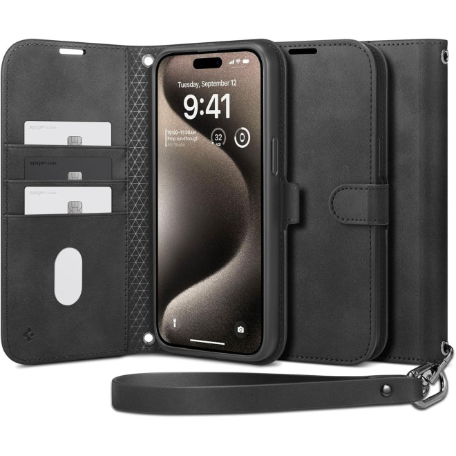Θήκη iPhone 15 Pro Spigen Wallet S Pro Ανθεκτικό Πορτοφόλι με Αποσπώμενο Λουράκι Χειρός / Λαιμού Black