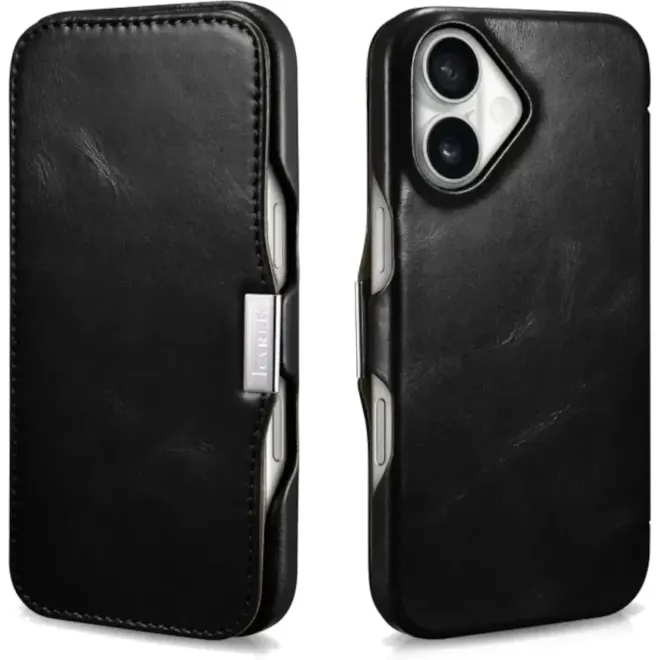Θήκη iPhone 16 iCarer Vintage Series Side-Open Flip Σκληρή Δερμάτινη με MagSafe Black